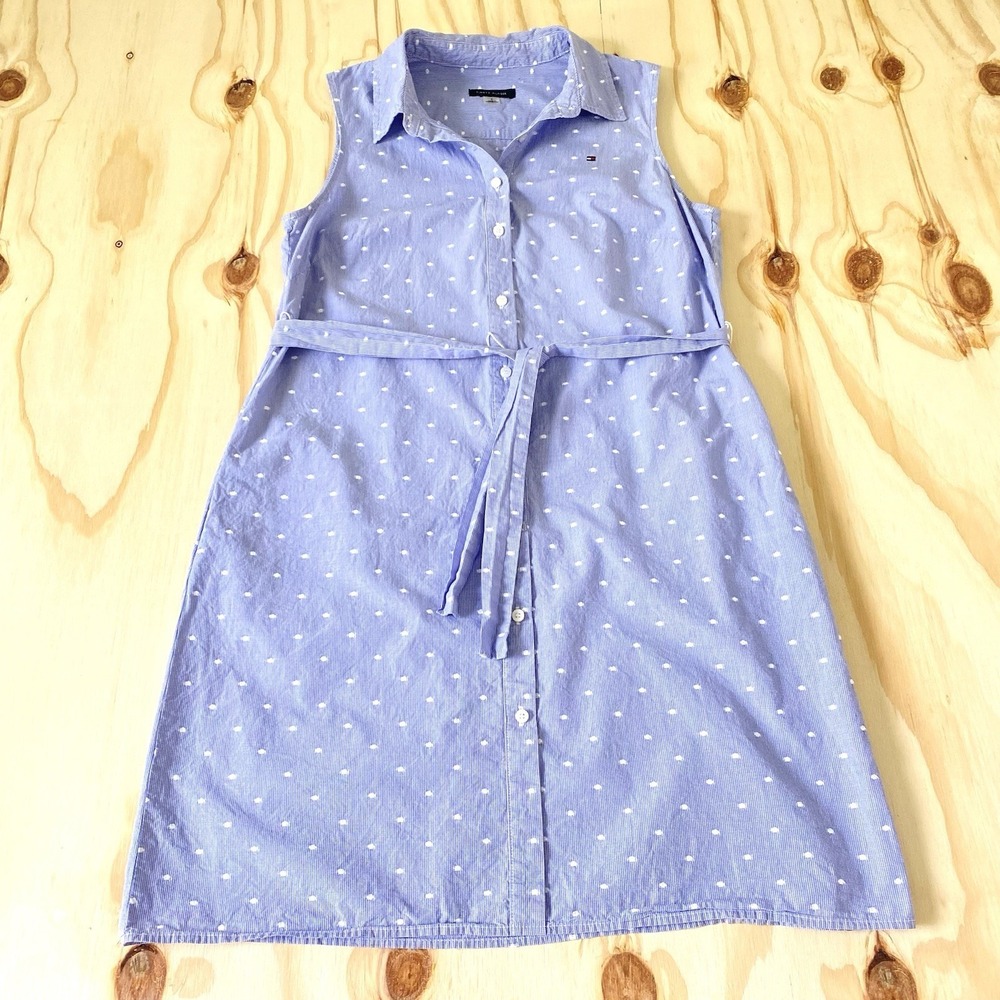 Tommy Hilfiger Blue White Gingham Polka Dot Tie Waist Shirt Dress Size 8 - Picture 8 of 11